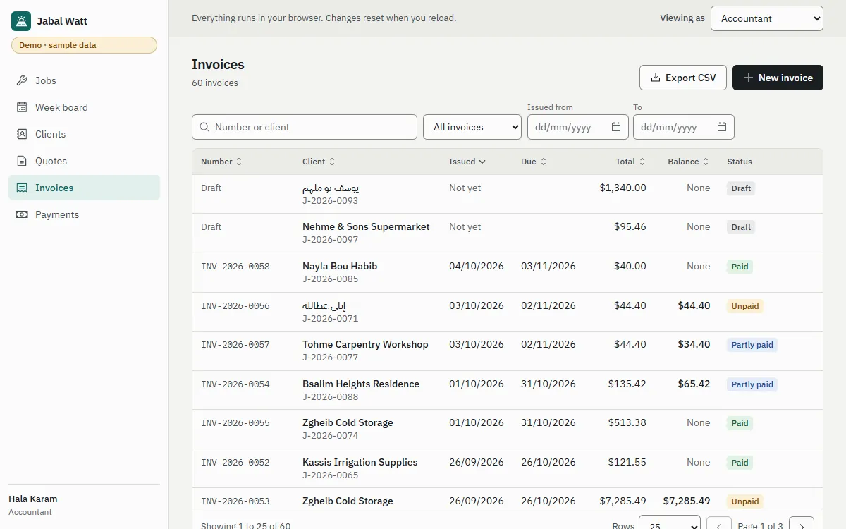 The Jabal Watt demo viewed as the accountant: the Invoices list with draft, paid, unpaid and partly paid invoices in US dollars, some for clients with Arabic names, and the “Viewing as” switch at the top for changing role.