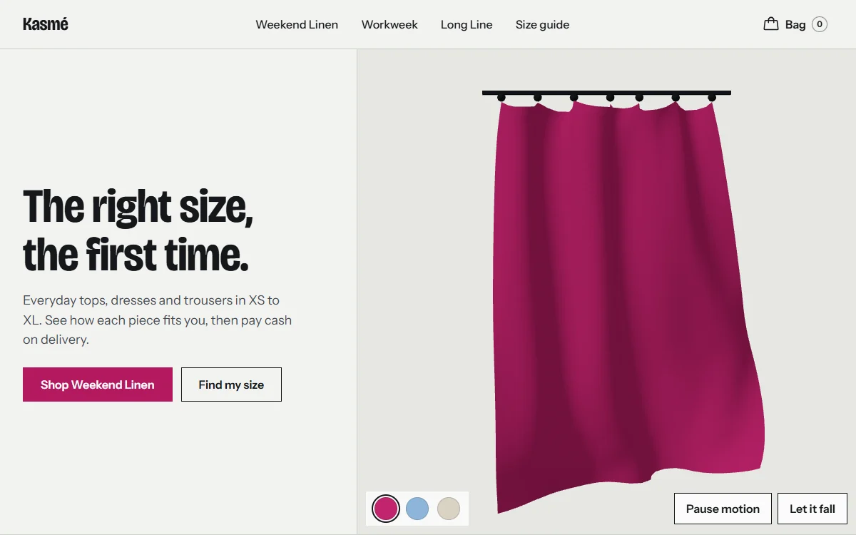 Kasmé concept store home page: the headline “The right size, the first time.” next to a magenta 3D cloth hanging from a rail, with colour swatches and Pause motion and Let it fall buttons.